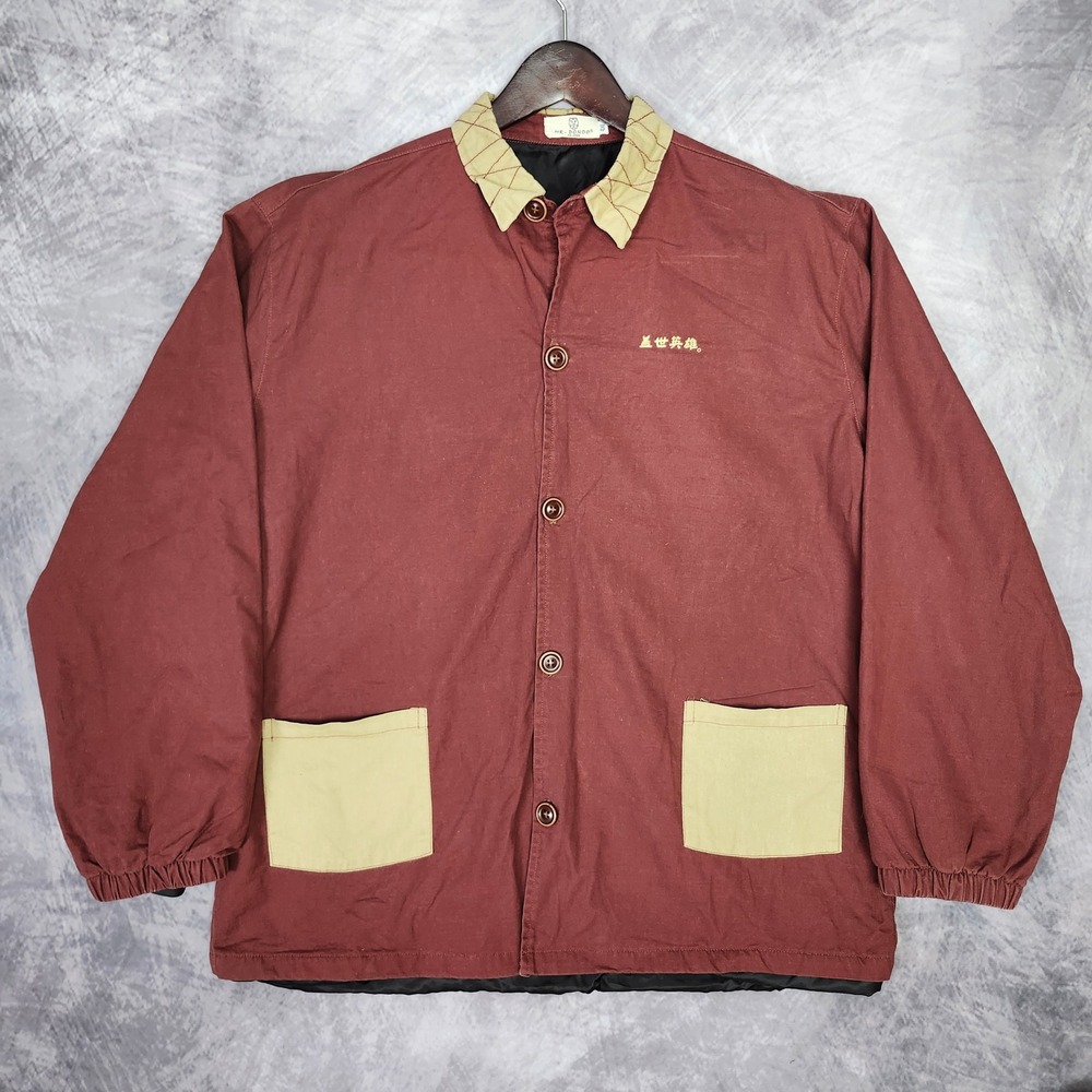 Samurai Burgundy Chore Jacket XL Asian Streetwear Contrast Collar Pockets